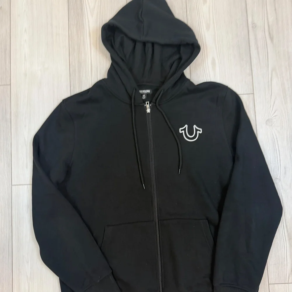 True Religion Mens Old Skool Zip Hoodie Black Fleece Graphic Sweatshirt XL